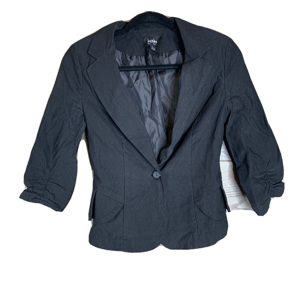 by and by Womens Size M Black 3/4 Sleeve One Button Fitted Jacket Fluted Waist